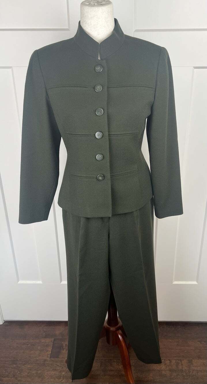 Kasper ASL Petite Wool Crepe Pants Suit 4P Moss Green Military Mandarin Collar